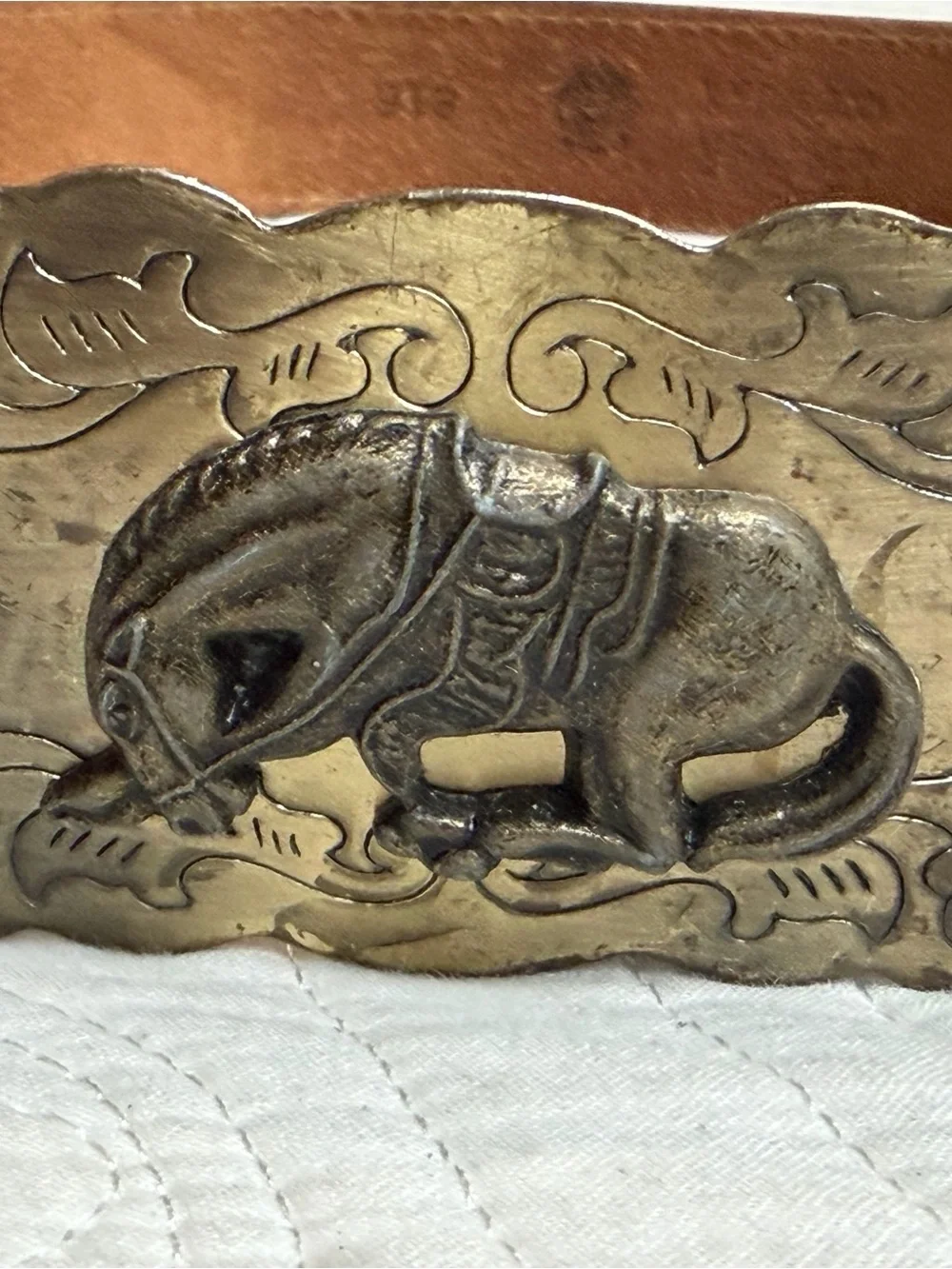 Kids Cowboy Western Rodeo Tooled Leather Belt Metal Horse Buckle Made In USA